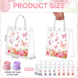Hosuly 24 Pcs Butterfly Flower Gift Bags with Ribbon Roll Clear PVC Spring Butterfly Treat Bags with Handles Reusable Pink and Purple Pouches for Wedding Spring Birthday Party Baby Shower