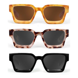 JM 3 Pack Square Reading sunglasses, Fashion Sun Readers for Women Men Full Lens Spring Hinges +1.75