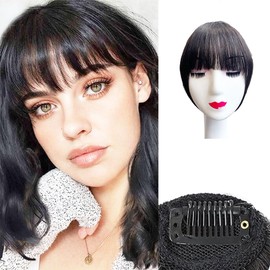 Bangs Hair Clip in Bangs 100% Real Human Hair Extensions Wispy Bangs Clip on Air Bangs for Women Hairpieces Curved Bangs for Daily Wear (Z-Brown Black, French Bangs)