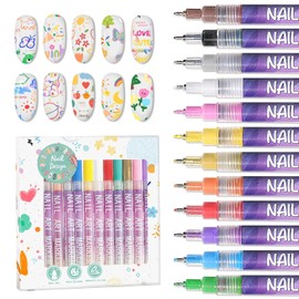 12 Colors Nail Art Pens Set, Nail Polish Pens for Nail Art Quick Drying 3D Acrylic Paint Markers for Painting Dotting Liner Pen Nail Salon DIY Design Kit 0.5mm
