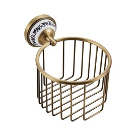 Vintage Wall-Mounted Toilet Paper Holder with Wire Basket Design, Antique Brass, Wall-Mounted Bath Hand Towel Holder with Ceramic Inlay, Vintage Style.