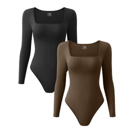 OQQ Women's 2 Piece Bodysuits Sexy Ribbed One Piece Square Neck Long Sleeve Bodysuits Black Coffee