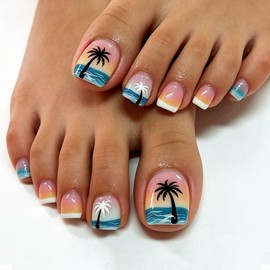 Summer White French Press on Toes Nails Short Square Fake Toe Nails with Black Coconut Palm Designs Full Cover Blue Ocean Waves Glossy Acrylic Toe Toenails for Women Girls Summer 24Pcs