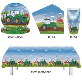 Tractor Party Tableware, Children's Birthday, 49 Pieces Tractor Party Tableware, Tractor Tableware Set, Birthday Party Supplies Set Plates, for 16 Guests