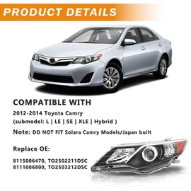 Headlight Assembly Compatible with 2012 2013 2014 Toyota Camry L/Se/Le/Xle Halogen Headlamp Pair, Black Housing Amber Reflector
