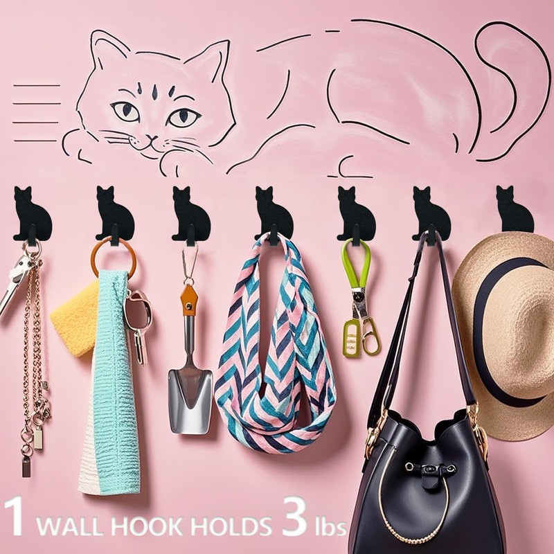 DueHoppee Adhesive Wall Hooks Cat Shaped - 8 Pack Stainless
