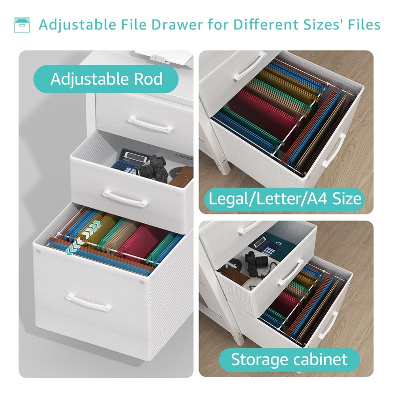 Lufeiya White Desk with Fabric File Drawers Cabinet, 47 Inch