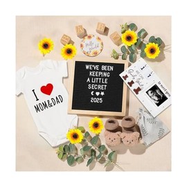11 Pcs Pregnancy Announcement Set, Pregnancy Reveal Ideas Include Felt Letter Board Sonogram Picture Frame Baby Bodysuit Baby Sock Baby Sign Wood Blocks and Sunflower for Coming Soon Baby Announcement