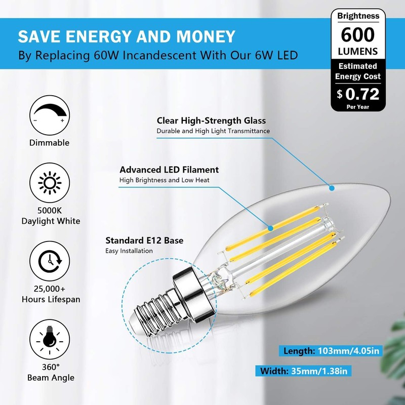 48-Pack Dimmable E12 LED Candelabra Bulbs 60W Equivalent, 5000K Soft