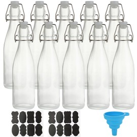 MUXHEL 10 Pcs Classic Swing Top Glass Bottles with Funnels and Stickers, 17 OZ Airtight Flip Top Glass Bottle, Clear Bottle with Flip Top Caps for Juice, Tea, Wine, Water, Soda