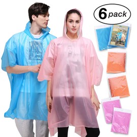 Emergency Rain Poncho for Adults with Drawstring Hood, 6 Pack, Waterproof, Lightweight but Durable, Reusable or Disposable Ponchos for Concerts, Theme Parks, Camping, Orange, Pink, Blue