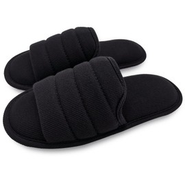 ofoot Mens Cotton Open Toe House Flat Slippers,Male Breathable Summer Indoor Slides, Memory Foam Anti Slip Sole (US 10.5-11.5,Black)