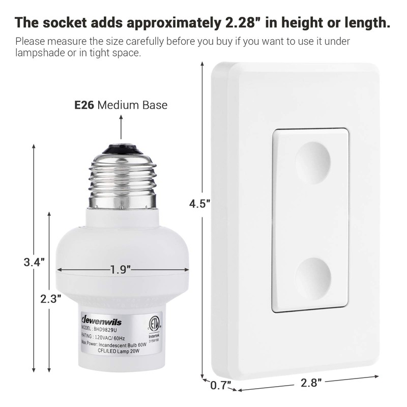 DEWENWILS Remote Control Light Socket, 1 Wall Mounted Switch and