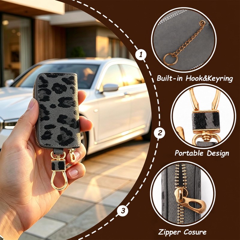 PU Leather Key Fob Holder Case,Leopard Print Car Key Case(Black)