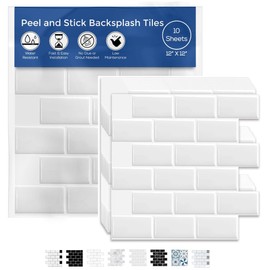 Peel and Stick Backsplash Tile for Kitchen Wall, 12” x 12” Stick On Backsplash 10-Sheet Pack Stick On Tiles for Kitchen or Bathroom with 3D Glass Tile Looks
