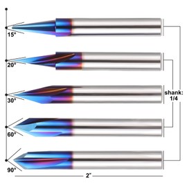 HQMaster 5PCS CNC Wood Carving Router Bits Set, 1/4'' Shank, 15° Detail Carving Liner+ 20° Profile bit+30°+60°+ 90° V Groove Router Bit Set