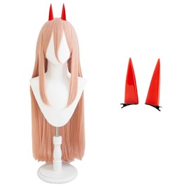 Cute Halloween Orange Cosplay Wig，2 Hair Caps + Anime Long Straight Wig, Synthetic False Hair with Detachable Red Horns，Perfect for Christmas Parties for Women and Teen Girls