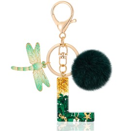 MWOOT Letter L Keychain Initial Letter Key Ring, Alphabet Resin Key Chain with Dragonfly Plush Pendant Handbag Purse Charm, Green Keyring for Women (L), Green-l