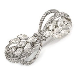 Bridal Wedding Prom Silver Tone Diamante Bow Barrette Hair Clip Grip - 85mm Across