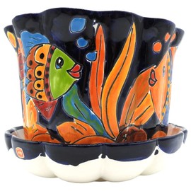 Talavera Pottery Store Violet Pot Planter with Saucer Large Hand Painted Indoor Outdoor Multi Colored Figure Glazed Dark Blue Fish
