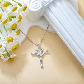 RMREWY Cross Necklace with Heart Zircon 925 Sterling Silver Anniversary Birthday Mothers Day for Mom Women Wife Girlfriend Her