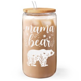 Mom Gifts - Mama Bear 16 Oz Can Glass Tumbler with Bamboo Lid and Straw - Iced Coffee Cups for Women, Aesthetic Glass Cup Gift for Birthday Christmas Mother's Day
