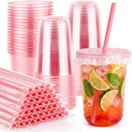 100 Pack Pink Plastic Cups with Lids and Straws 16 oz, Round Bottom Clear