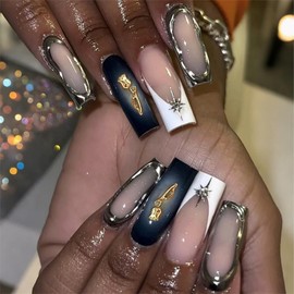 White French Tips Press on Nails Long Square Fake Nails with 3D Gold Rose Design Rhinestone Star Stick on Nails Gold Lines False Nails Glossy Skin Tones Glue on Nails for Women Girls Manicure 24Pcs