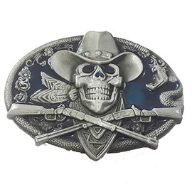 Tochispa blue Western Cowboy hat Skull with Rifles Guns Belt Buckle for man(Blue skull)