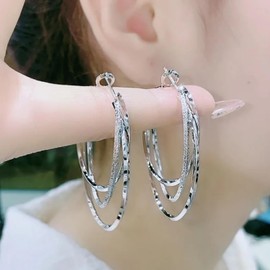 Aretes Arracadas De Aro Para Mujer Pendientes Grandes Plateados Chapados En Oro Blanco De 18k Colgantes Redondo Triple Arete Con Texturizado Regalo Dama