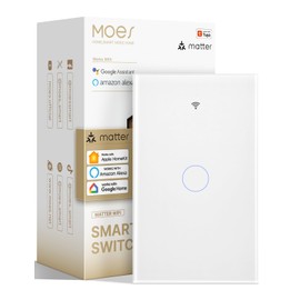 MOES Matter Smart Touch Wall Light Switch, Glass Panel Wi-Fi Wall Switch, Needs Neutral Wire, Single Pole, 2.4GHz, Timer and Schedule,Remote & Voice Control with Alexa, Google Home & Siri White 1 Gang