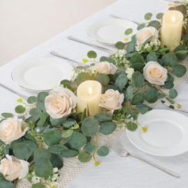 Dremisland 4PCS /24 FT Artificial Eucalyptus Flower Garland Spring Champagne Rose Garland Silk Flowers Fake Eucalyptus Plants Faux Vines Greenery Garland for Wedding Home Table Runner Backdrop Decor