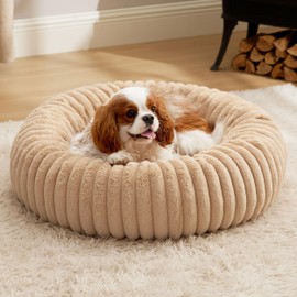 Bedsure Medium Dog Bed - Washable Faux Fur with Corduroy Fleece & Anti Slip Bottom, Round Pet Bed with Removable Cover, Sandy Beige, 30x30x8 inches