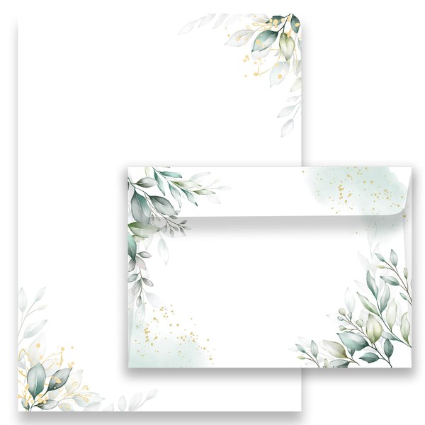 Letter Paper / Envelope Set Elegant in Green with Leaves