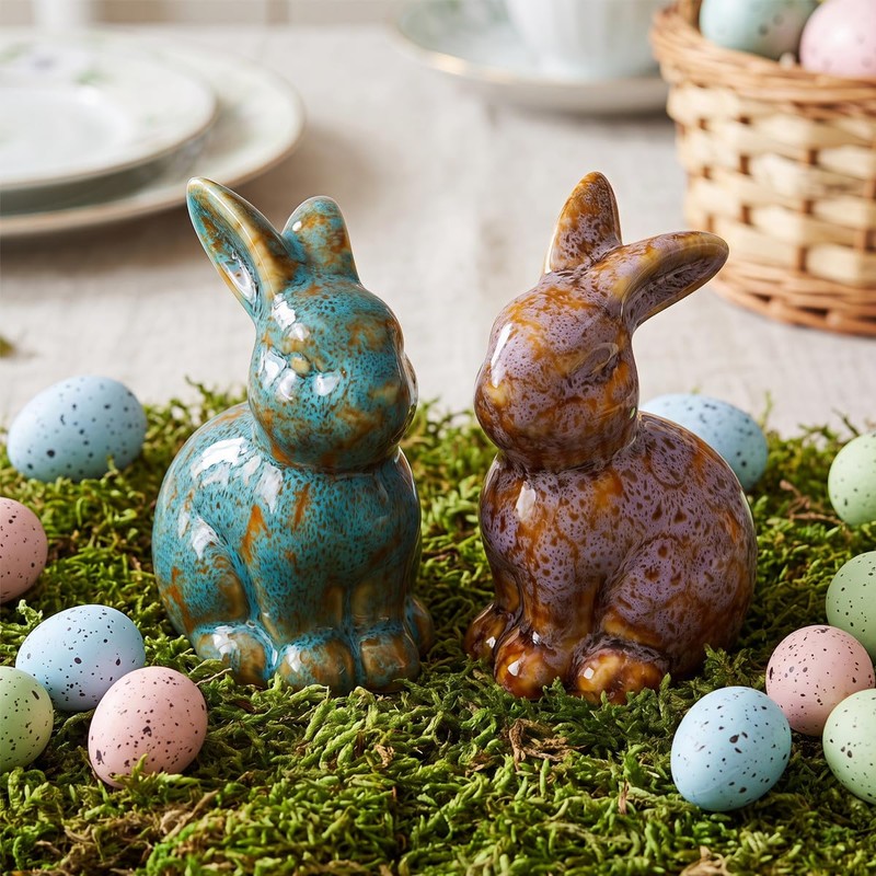 Set of 2 Small Ceramic Rabbit Statue, Handmade Reactive Glaze