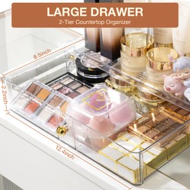 Bathroom Organizer and Storage with 2 Tiers, Clear Skincare Organizer with Drawers, 2-Tiers Multi-Purpose Organizer for Kitchen, Bedroom, Bathroom (Gold)