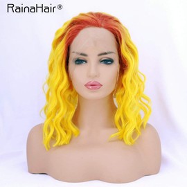 RainaHair Short Bob Lace Wig Wavy Heat Resistant Synthetic Hair Red Ombre Orange Curly 14 Inch