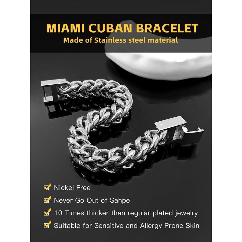 Mens Stainless Steel Franco Chain Bracelet 10MM Link Bracelets, Fold