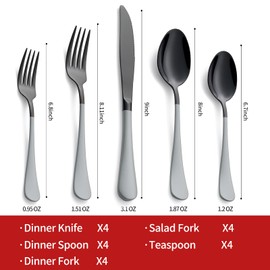 Onlycooker 20-Piece Black Silverware Set 18/0 Stainless Steel Flatware Gray Handle Cutlery Set Service for 4 Dinner Knives Forks Spoons Set Mirror Finish Dishwasher Safe