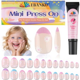 EBANKU 24 Pieces Kid Fake Nail Kit, Daisy Press on Nails for Kids Press on Nail Short Artificial False Nail Kits for Kids Girls