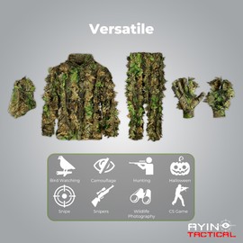 AYIN Ghillie Suit For Men, Hunting Suits 3D Leaf Bush Gillie Suit Camo Turkey Hunting, Hooded Gillies Camo Hunting Suits (LG/XL, Green Leaf)