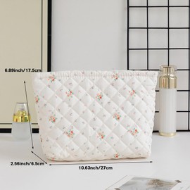 2 Pack Quilted Cotton Makeup Bags for Women,Large Cosmetic Organizer Pouches,Portable Travel Toiletry Bags Cute Small Brushes Storage Pouch with Zipper for Purse,Floral White