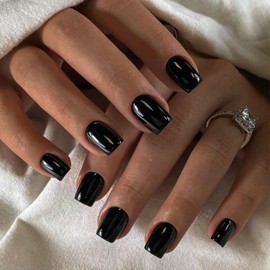 Black Press on Nails Short Square, Natural Short Gel Nails Glue on Fall Colors 2024 Trendy Acrylic Nails Press ons Featured Protective Coat Reusable Fake Nails Short Coffin Nails 24Pcs