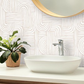 FunStick 17.5"x354" Mid Century Modern Wallpaper Peel and Stick Neutral Abstract Geometric Beige and White Wallpaper for Bedroom Walls Aesthetic Line Removable Self Adhesive Contact Paper for Cabinets