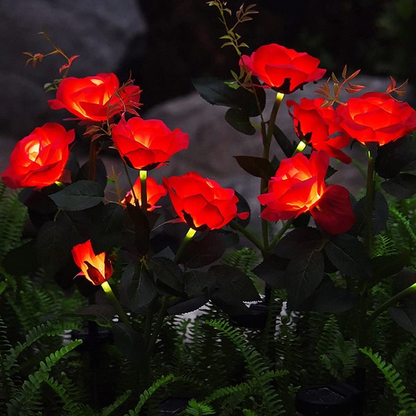 Outdoor Realistic Solar Powered Rose Flower Lights Stake,2 Pack 10 Rose Solar Garden Decorative Waterproof Lights for Backyard Patio Pathway Xmas Decoration-Red