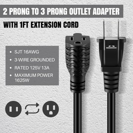 Dreyoo 2 Prong to 3 Prong Adapter with Extension Cord, Polarized Grounding Outlet Adapter, Fireproof 16AWG Wall Outlet Plug for Home Office RV Household Appliances Industrial(1ft,Black,2 Pack)