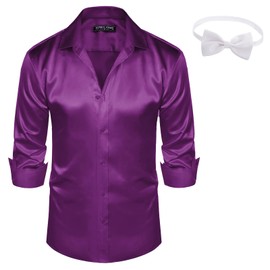 PJ PAUL JONES Mens Purple Satin Dress Shirts Silk Like Long Sleeve Button Up Shirts Mardi Gras L