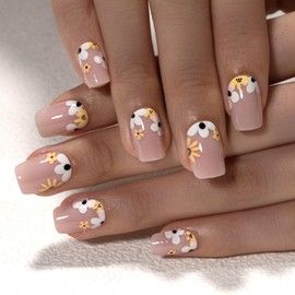 Curvlife Soft Gel Press On Nails Kit - 30pcs Full Cover False Little daisy Nail Tips Designs, Fake Nail with Nail Glue - Easy Application Nail Accessories for Women