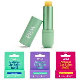 Wild Natural Refillable Lip Balm Starter Kit - Includes Sage Green Aluminium Case & 3 Pack Lip Balm Refills in a Variety of Scents - Includes Passionfruit Swirl, Coconut and Vanilla & Original Scents