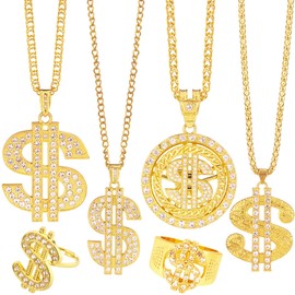 Riuziyi 6 Pack Fake Gold-Colored Dollar Sign Chain Necklace Ring for 80s 90s Hip Hop Costumes Outfit, Rapper Jewelry for Men Women (GoldColor)